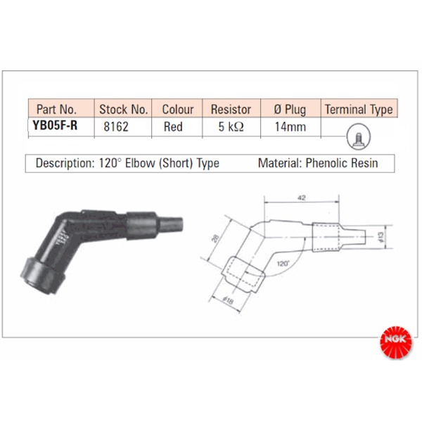 PLUG CAP YB05F-120 DEG RED